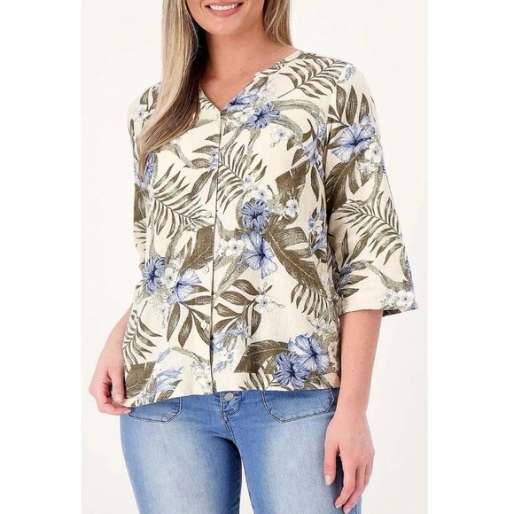 Denim & Co. Naturals Printed Linen Blend Button Front Top Khaki Palm 3X A501323 - Picture 1 of 1
